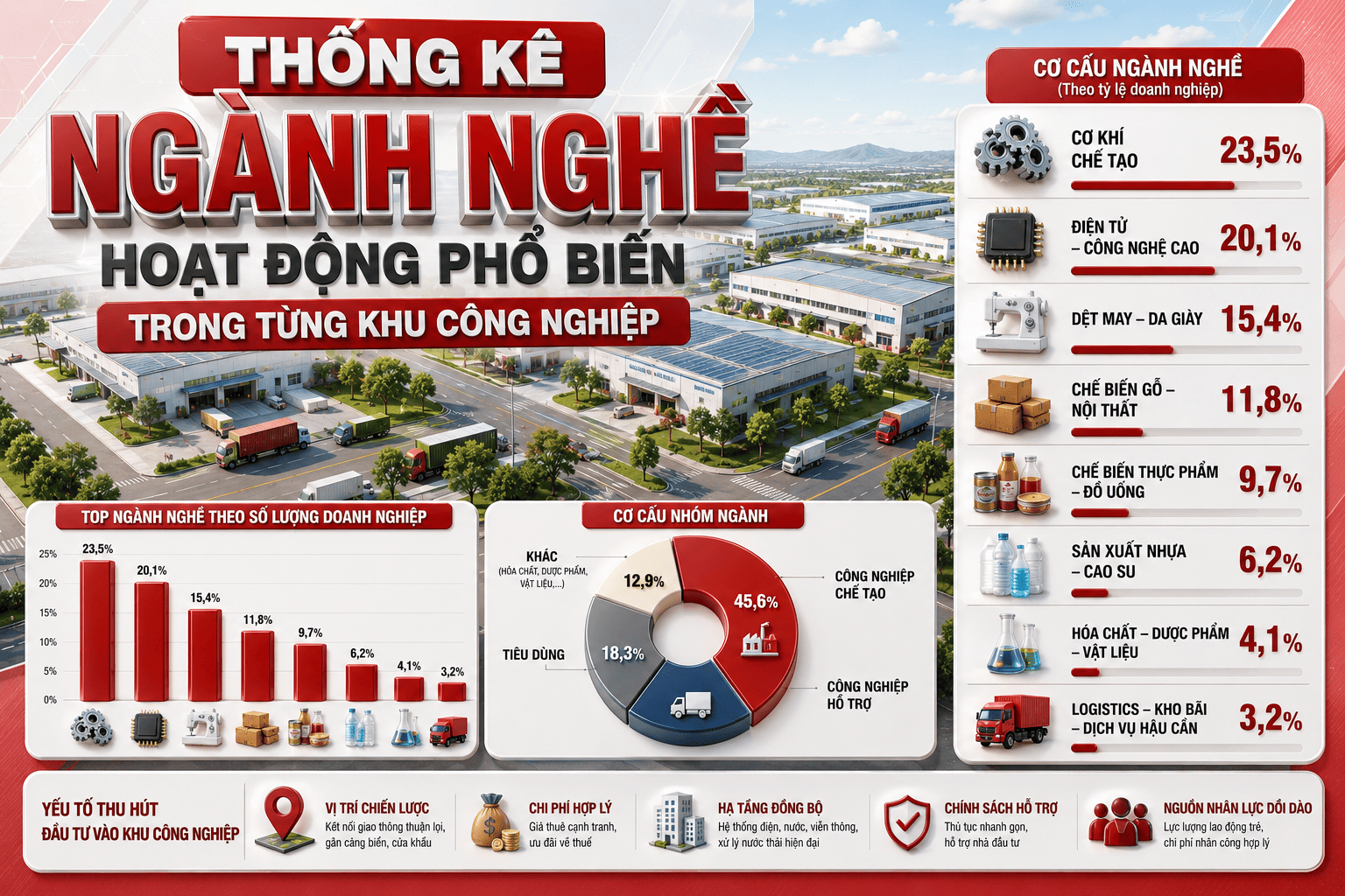thống kê ngành nghề hoạt động phổ biến trong từng khu công nghiệp